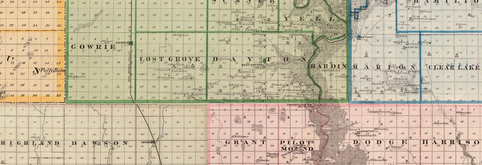 Map showing Webster, Boone and Hamilton counties in Iowa.